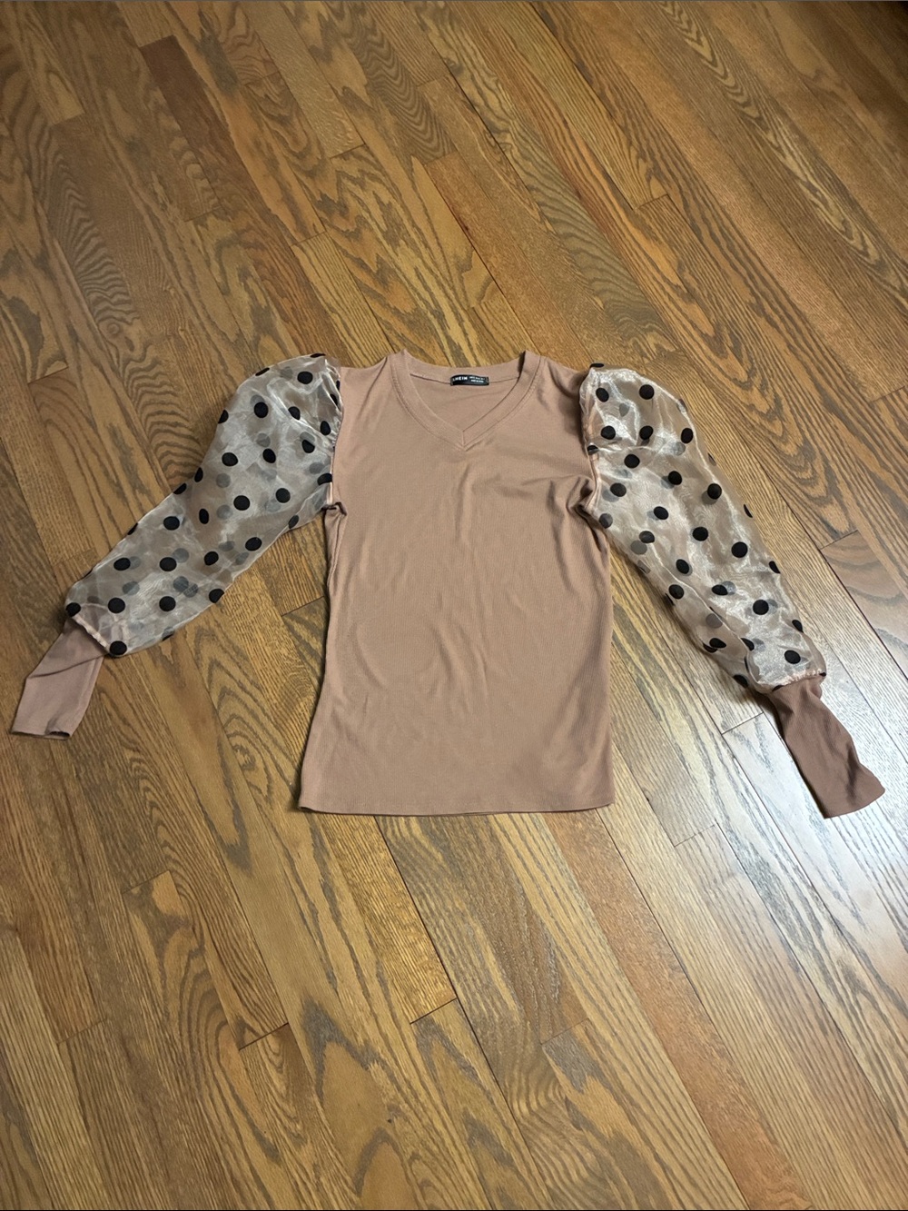 SHEIN Tan V-Neck Top with Sheer Polka Dot Puff Sleeves